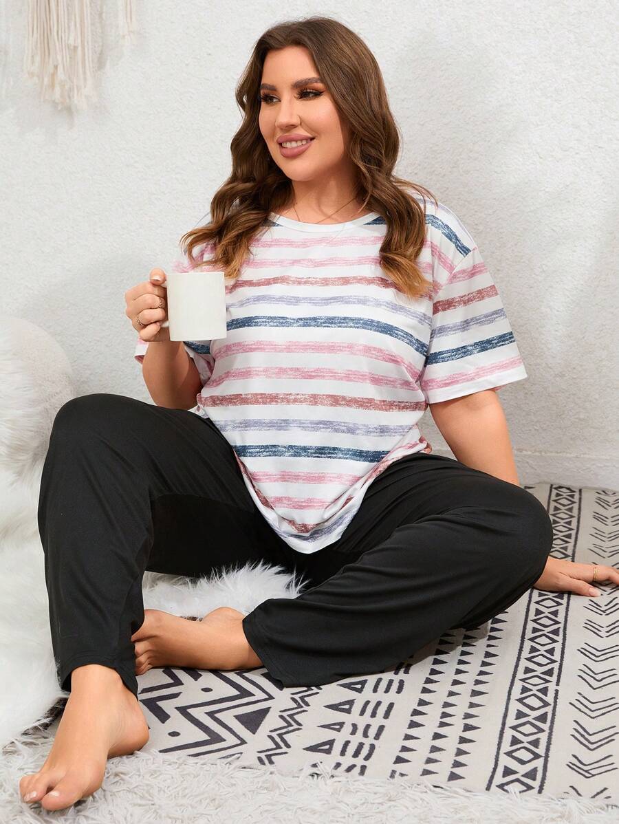 Plus Bộ PJ trễ vai sọc / Bộ Pyjama - Nhiều màu - Xem 1