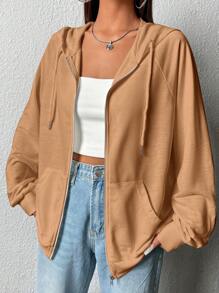 SHEIN EZwear Quần áo thể thao nữ Túi Dây kéo màu trơn Giải trí - Màu Khaki - Xem 2