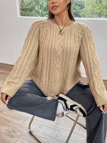 Flirla Plus Cable Knit Raglan Sleeve Sweater - Apricot - View 6