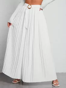 SHEIN PETITE 高腰腰帶百褶闊腿褲 - 白色 - 查看 1