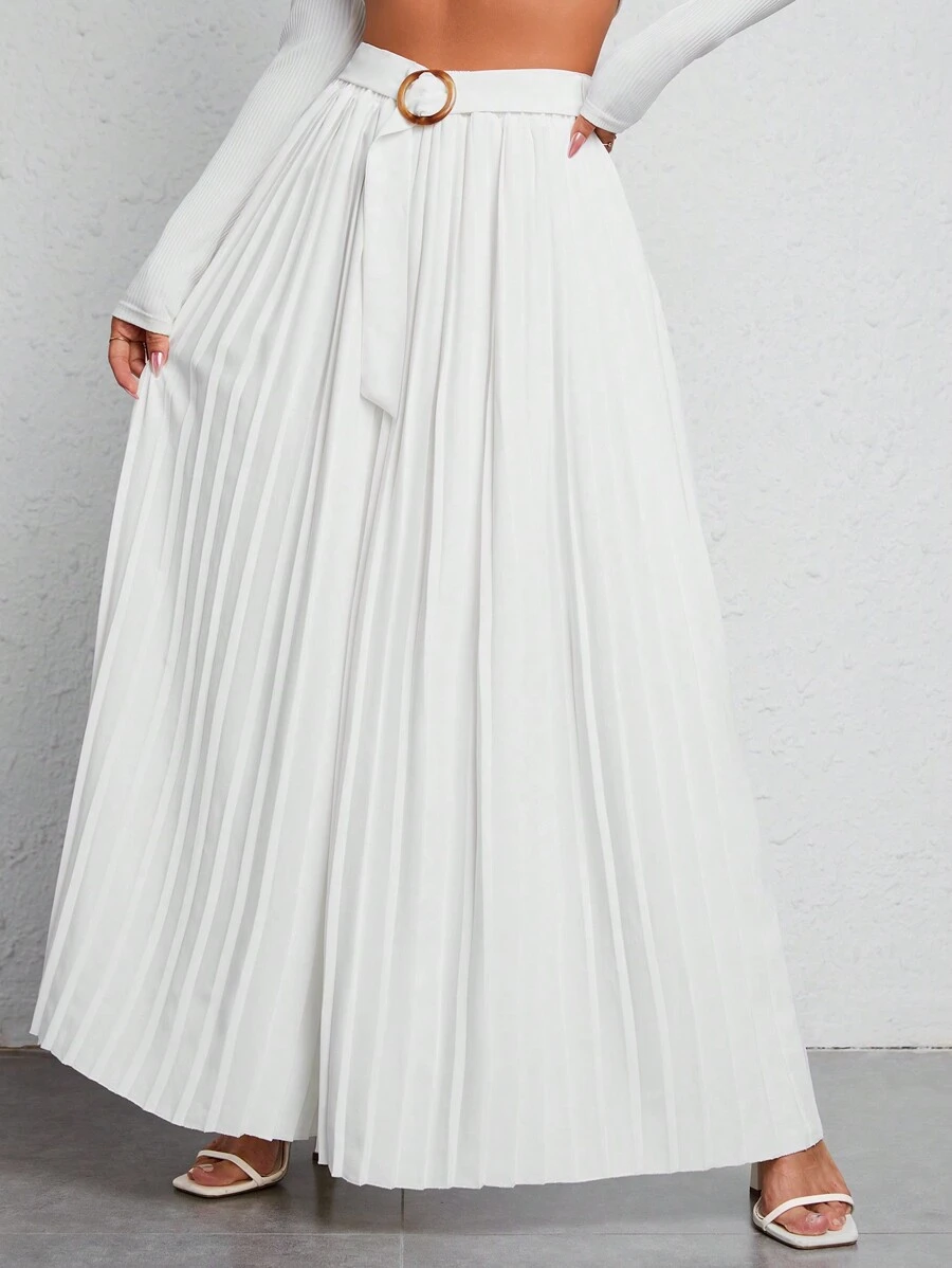 SHEIN PETITE 高腰腰帶百褶闊腿褲 - 白色 - 查看 1