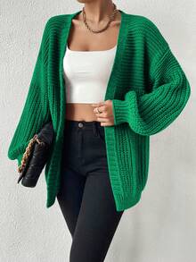 SHEIN Essnce 落肩休闲设计开衫 - 綠色 - 查看 6