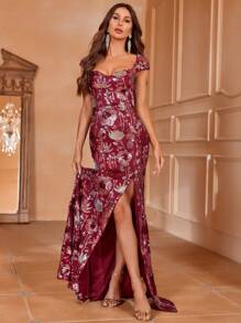 Floral Print Split Thigh Formal Dress - Burgundy - View 4