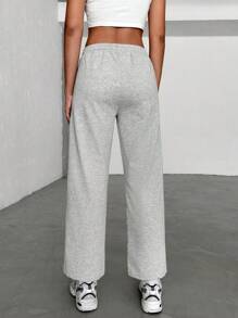 RueChic Solid Drawstring Waist Seam Detail Sweatpants - Light Grey - View 2