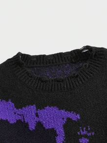 ROMWE MEN Grunge Punk 男士图案落肩套头毛衣 - 黑色 - 查看 4