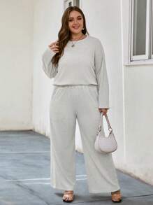 SHEIN LUNE Plus Solid Tee & Wide Leg Pants - Apricot - View 3