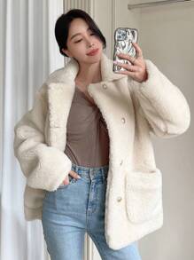 DAZY Áo khoác nữ Teddy hai túi cài hai hàng khuy, Quần áo nữ mùa thu - Màu be - Xem 9