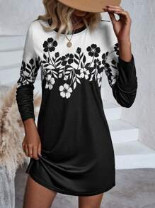 SHEIN LUNE Floral Print Colorblock Tee Dress - Black - View 6
