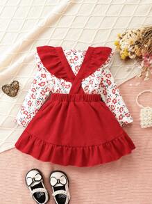 女嬰印花連身背心&荷葉邊背带半身裙