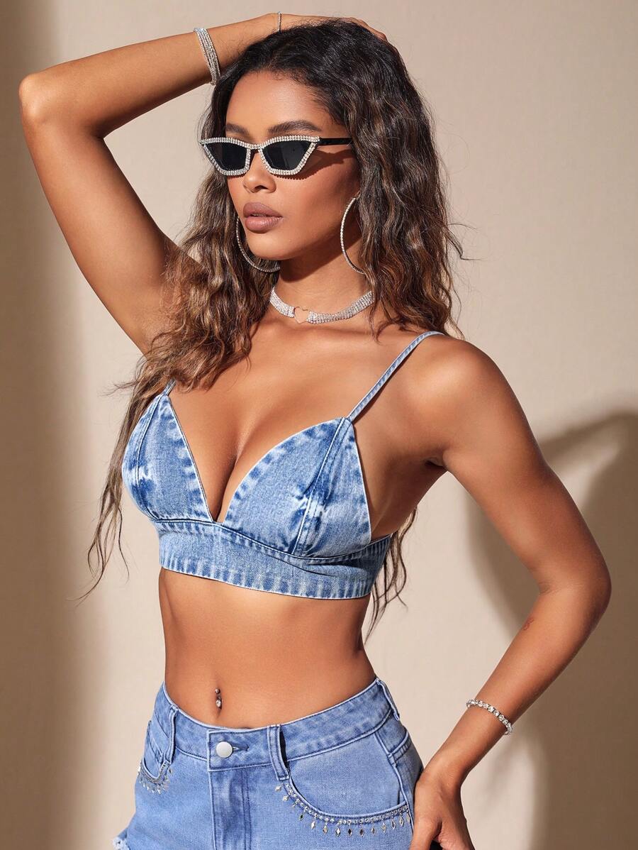 SHEIN BAE Top de mezclilla con cordones y espalda descubierta - Azul - Ver 1