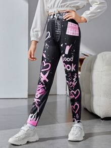 SHEIN Tween Girl Heart Print Leggings - Multicolor - View 4