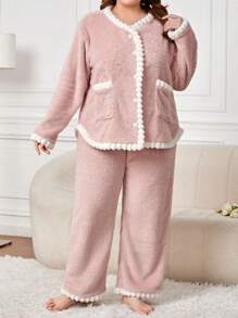 Plus Contrast Trim Flannel PJ Set - Dusty Pink - View 3