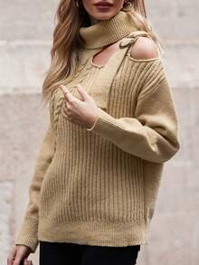 SHEIN LUNE Cut Out Buckle Detail Turtleneck Drop Shoulder Sweater Knit Pullover Fall Winter Outfit - Camel - View 4