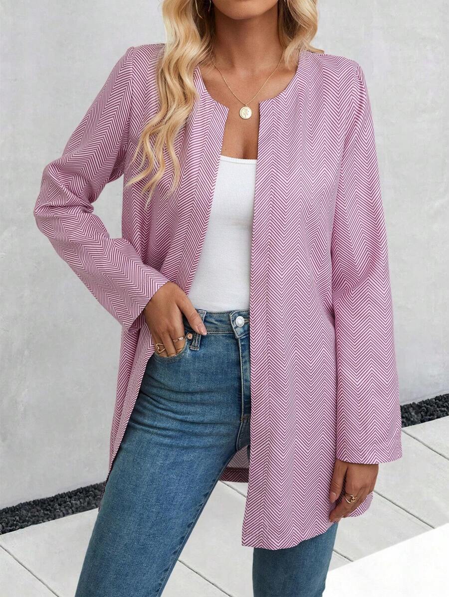 SHEIN LUNE Chevron Open Front Coat - Dusty Pink - View 1