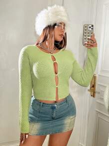 Flirla 大碼鏤空前紐扣短款開衫 - 綠色 - 查看 3