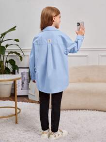 SHEIN Leap Crew 女大童字母貼布落肩袖襯衫 - 淺藍色 - 查看 3