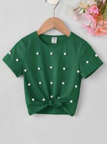 SHEIN Leap Crew Young Girl Pearls Detail Tee - Green - View 1
