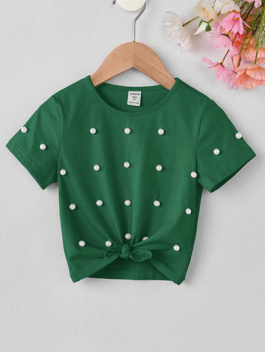 SHEIN Leap Crew Young Girl Pearls Detail Tee - Green - View 1