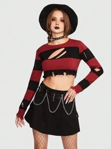 ROMWE Goth Striped Pattern Cut Out Front Crop Sweater
