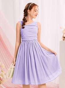 SHEIN 青少年女孩不對稱領褶邊雪紡洋裝 - 淡紫色 - 查看 7