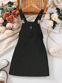 SHEIN Tween Girl Letter Patched Detail Overall Dress Without Tee - Black - View 5