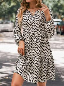 SHEIN Clasi In Toàn bộ Tay áo lồng đèn Xù Hoa Sen Váy Smock - Màu Khaki - Xem 5