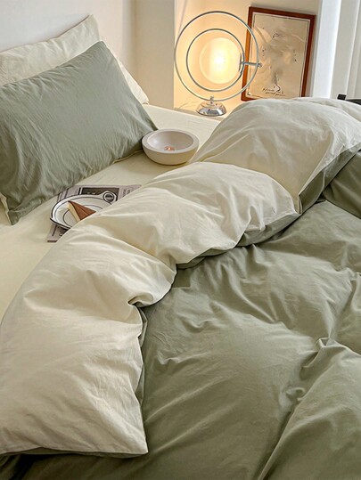 3pcs Green & Beige Dorm/Bedroom Bedding Set, 1pc Duvet Cover & 2pcs Pillow Case, No Filling, Machine Washable