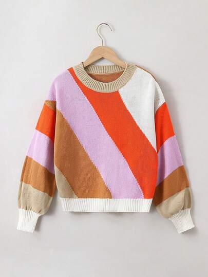 Teen Girl Color Block Drop Shoulder Sweater