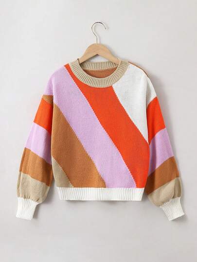 Teen Girl Color Block Drop Shoulder Sweater
