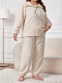 Plus Bow Front Flannel PJ Set / Pajama Set - Màu be - Xem 4