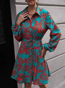SHEIN LUNE 植物圖案燈籠袖腰帶襯衫洋裝 - 彩色 - 查看 1