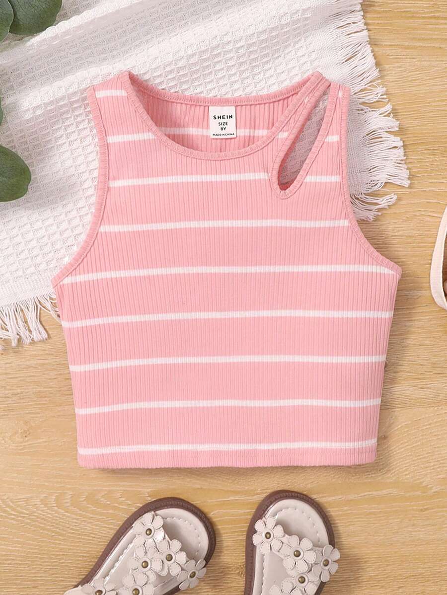 SHEIN لباس علوي تانك نمط مخطط قص مجوف بنت طفل - وردي - مشاهدة 1