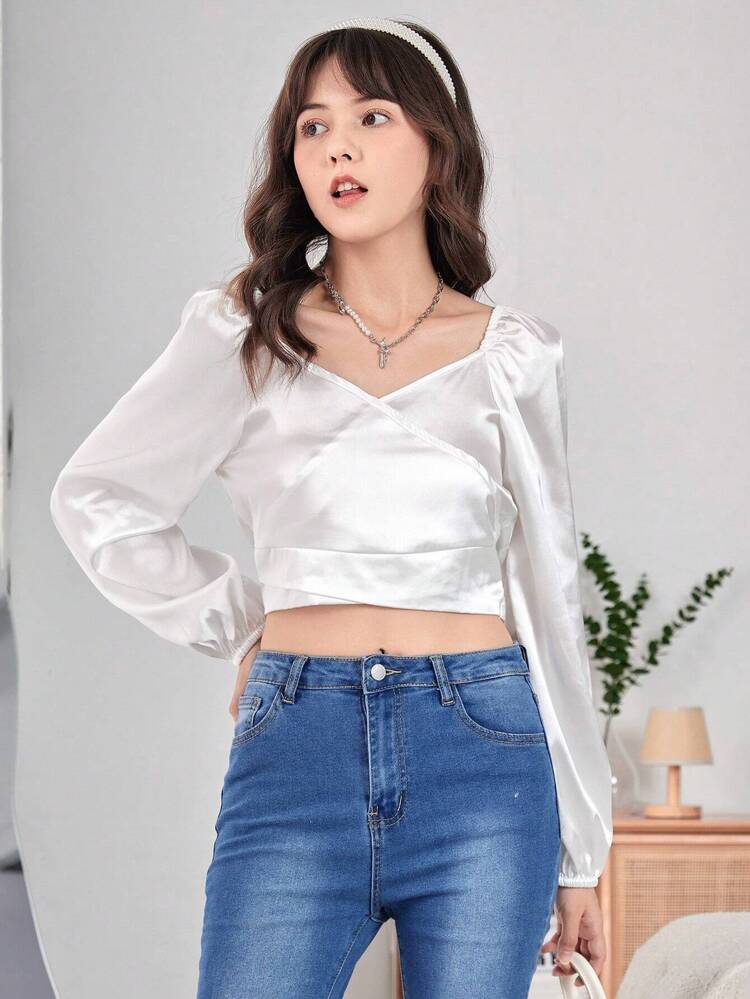 Teen Girl Solid Tie Back Wrap Blouse