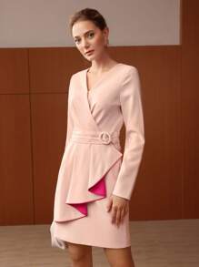 MOTF PREMIUM 交疊領環鏈不對稱下擺洋裝 - 淺粉色 - 查看 8