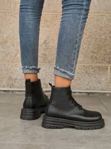 女士時尚英式風格靴子帶防滑橡膠軟底,繫帶摩托車靴子 - 黑色 - 查看 2