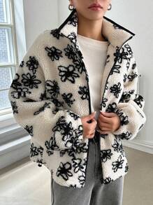 DAZY Floral Print Drop Shoulder Teddy Jacket,Fall Women Clothes