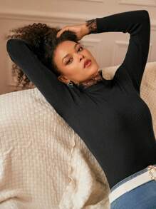 SHEIN Frenchy Pull Ourlet En Dentelle À Col Montant Côtelé Ajusté