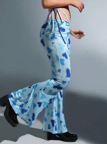 Flirla Pantalones acampanados con estampado de corazón con cordón lateral