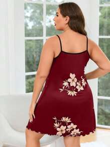 Plus Floral Print Lettuce Trim Cami Pajama Nightdress - Burgundy - View 2