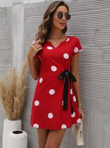 SHEIN LUNE Polka Dot Print Knot Side Notched Neckline Dress - Multicolor - View 5