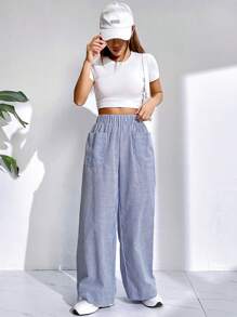 SHEIN EZwear Striped Print Wide Leg Pants - Blue and White - View 7