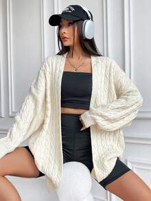 SHEIN Unity 绞花针织落肩开衫 - 杏色 - 查看 5