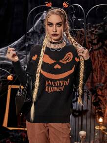 PUNK 万圣节图案落肩针织套头衫秋冬毛衣 - 黑色 - 查看 1