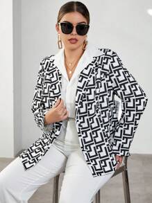 SHEIN Privé 大碼滿版印花單釦西裝外套 - 黑與白 - 查看 1