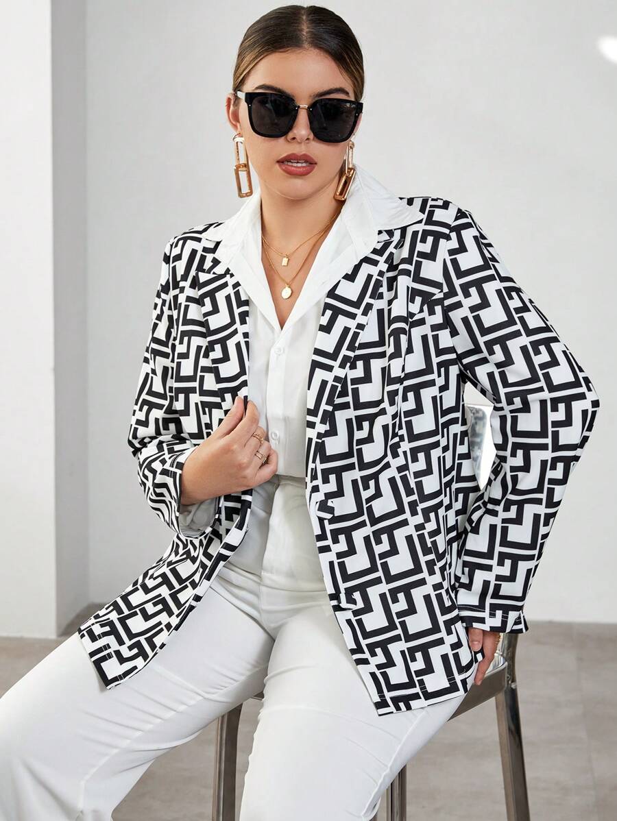 SHEIN Privé 大碼滿版印花單釦西裝外套 - 黑與白 - 查看 1