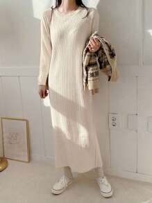 DAZY 實色肋紋針織毛衣連身裙 - 杏色 - 查看 6