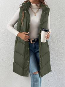 SHEIN Frenchy Chaleco con capucha con cremallera y botón a presión, acolchado para otoño/invierno - Verde militar - Ver 4