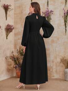 Modelyn 小高領燈籠袖蕾絲花邊洋裝 - 黑色 - 查看 2