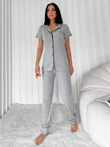 RueChic Contrast Binding Button Front Lounge Set - Light Grey - View 3