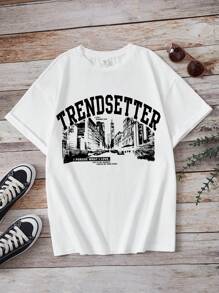 Teen Girl Short Sleeve Round Neck Letter Printed T-Shirt - White - View 1